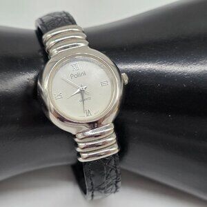 Polini Women's Quartz Watch Silver Tone Case Black Textured Band